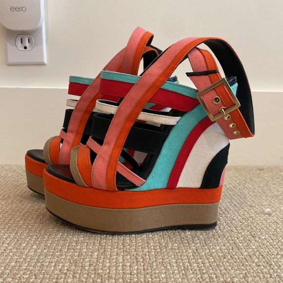 Pierre Hardy Canvas Colorblock Slingback Sandals Wedges - Picture 5 of 10